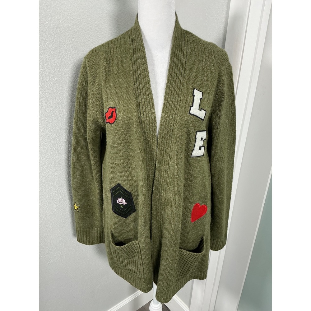 Libby Edelman Varsity Patch Open Front Cardigan Sweater Olive Green Size L